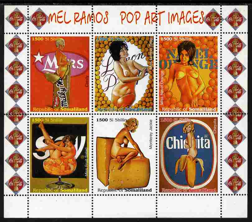Somaliland 1999 Mel Ramos - Pop Art Images #1 perf sheetlet containing 6 values unmounted mint, stamps on arts, stamps on pin ups, stamps on nudes, stamps on fantasy, stamps on fruit, stamps on food