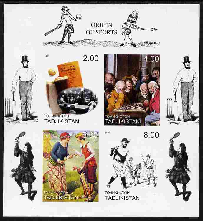 Tadjikistan 1999 Origin Of Sports imperf sheetlet containing set of 4 (Chess, Table Tennis, Golf & Baseball with Cricket in margins) unmounted mint, stamps on sport, stamps on golf, stamps on cricket, stamps on chess, stamps on table tennis, stamps on baseball