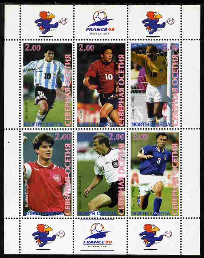 North Ossetia Republic 1998 Football World Cup perf sheetlet containing 6 values with France 98 imprint in margins unmounted mint, stamps on sport, stamps on football
