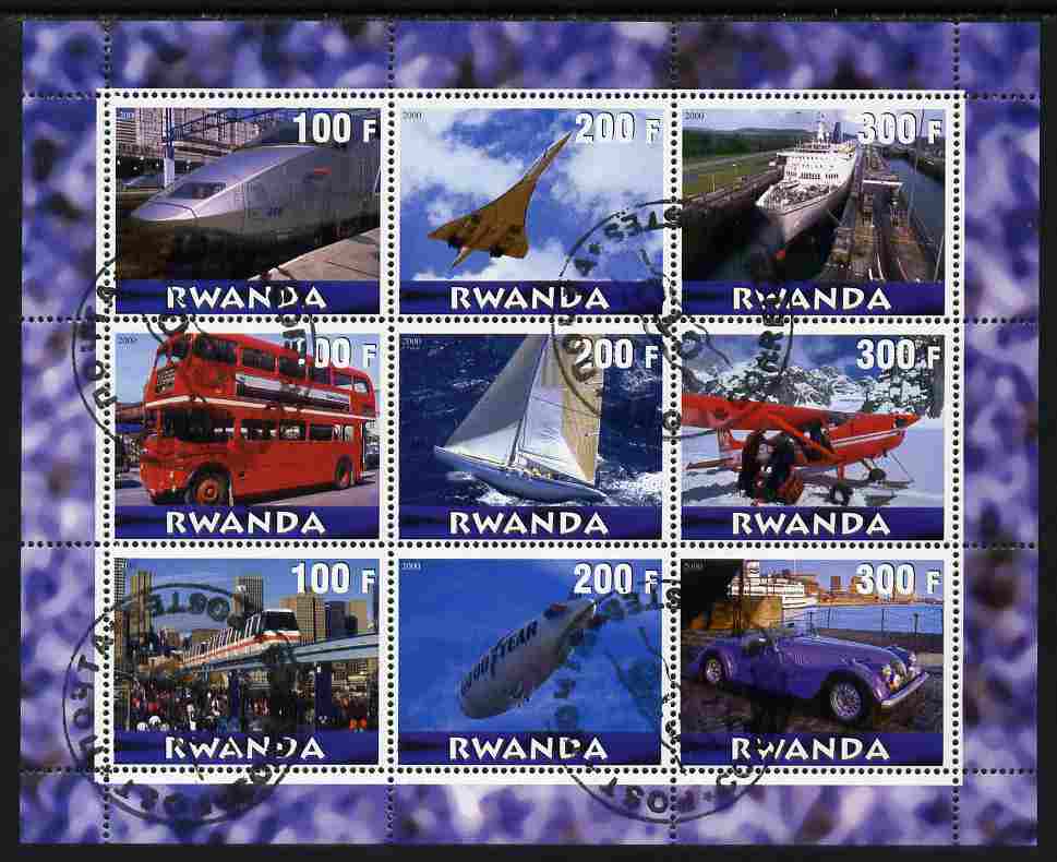 Rwanda 2000 Various Transports perf sheetlet containing 9 values (Concorde, Buses, etc) fine cto used, stamps on transport, stamps on railways, stamps on aviation, stamps on concorde, stamps on ships, stamps on buses, stamps on sailing, stamps on airships, stamps on cars