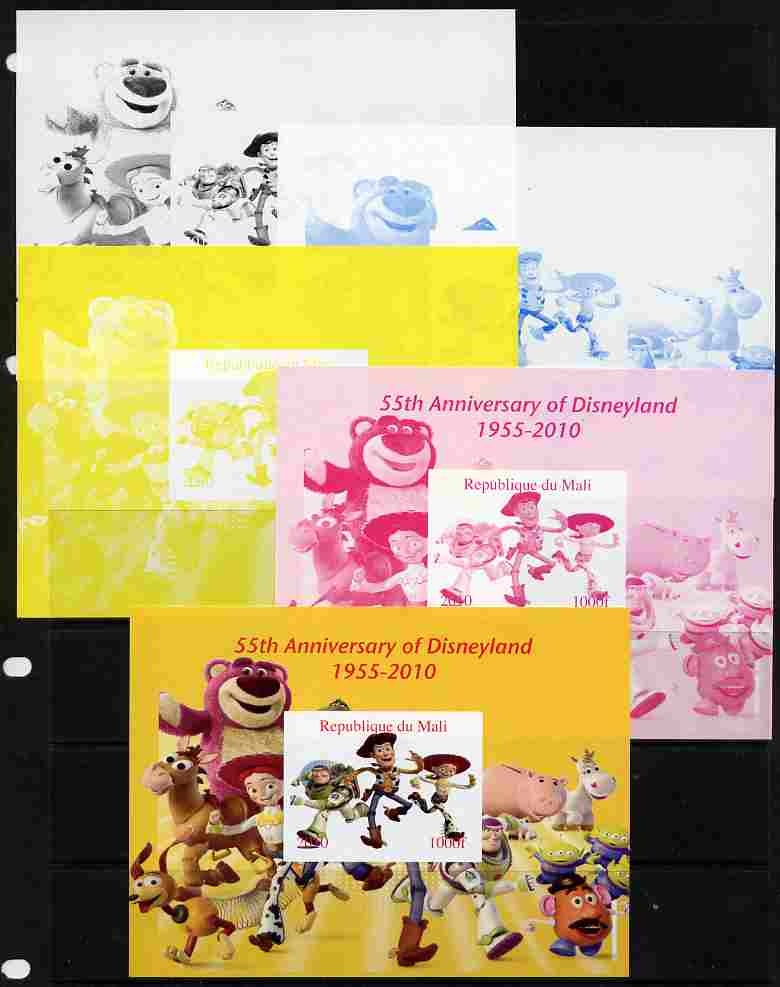 Mali 2010 55th Anniversary of Disneyland - Toy Story #1 s/sheet - the set of 5 imperf progressive proofs comprising the 4 individual colours plus all 4-colour composite, ..., stamps on disney, stamps on toys, stamps on films, stamps on cinema, stamps on movies