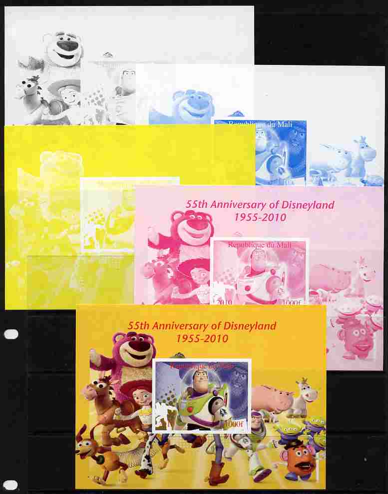Mali 2010 55th Anniversary of Disneyland - Toy Story #4 s/sheet - the set of 5 imperf progressive proofs comprising the 4 individual colours plus all 4-colour composite, ..., stamps on disney, stamps on toys, stamps on films, stamps on cinema, stamps on movies
