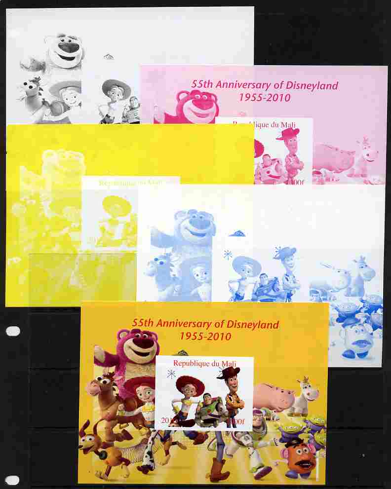 Mali 2010 55th Anniversary of Disneyland - Toy Story #5 s/sheet - the set of 5 imperf progressive proofs comprising the 4 individual colours plus all 4-colour composite, ..., stamps on disney, stamps on toys, stamps on films, stamps on cinema, stamps on movies