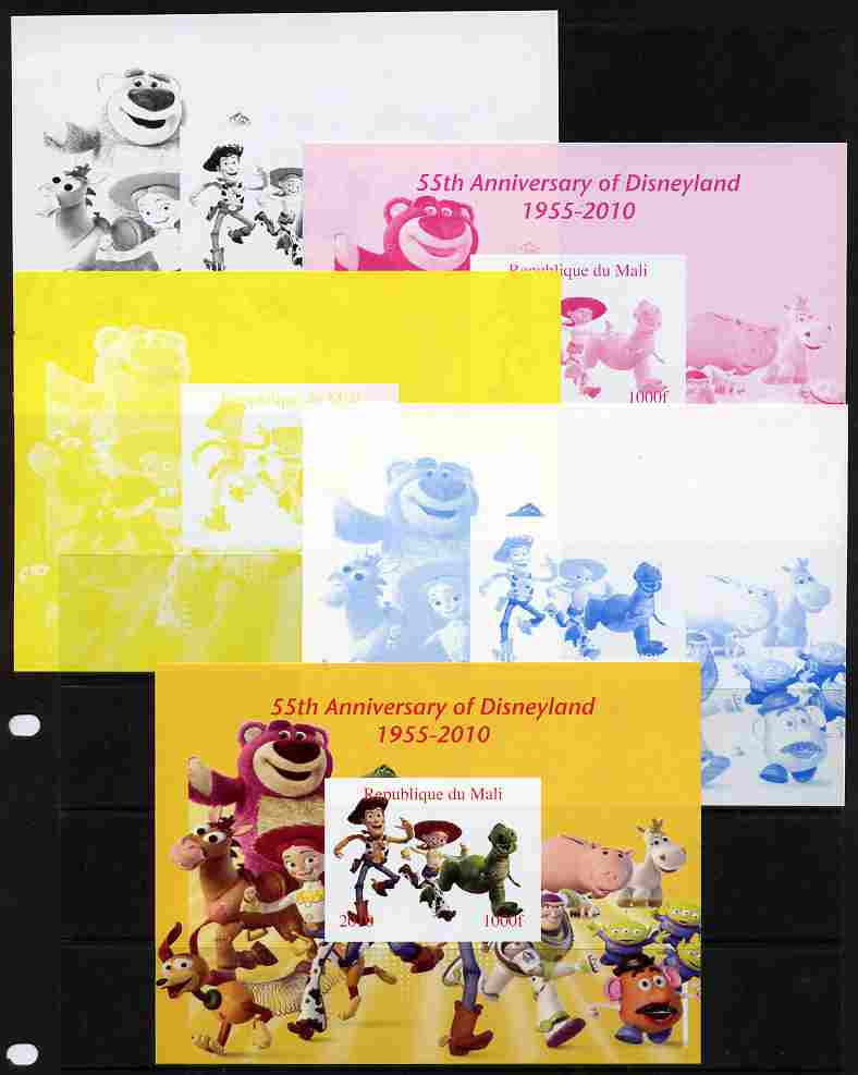 Mali 2010 55th Anniversary of Disneyland - Toy Story #6 s/sheet - the set of 5 imperf progressive proofs comprising the 4 individual colours plus all 4-colour composite, ..., stamps on disney, stamps on toys, stamps on films, stamps on cinema, stamps on movies