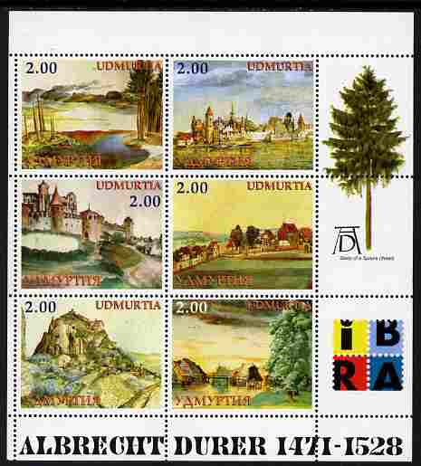 Udmurtia Republic 1999 Albrecht Durer perf sheetlet containing set of 6 values (Landscapes) complete with IBRA imprint, unmounted mint , stamps on arts, stamps on durer, stamps on stamp exhibitions