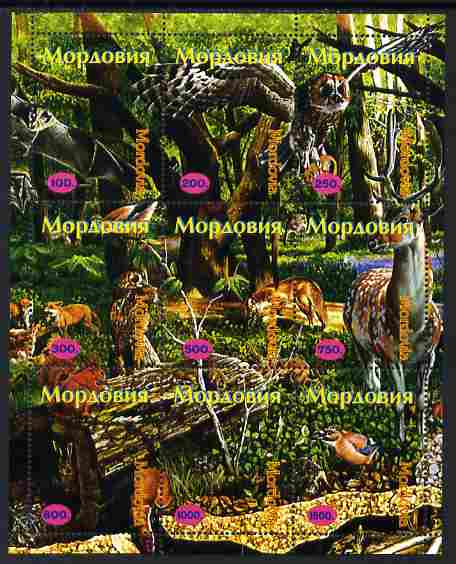 Mordovia Republic 1999 Wildlife composite perf sheet containing 9 values unmounted mint, stamps on , stamps on  stamps on animals, stamps on  stamps on birds, stamps on  stamps on owls, stamps on  stamps on deer, stamps on  stamps on bats, stamps on  stamps on foxes, stamps on  stamps on birds of prey