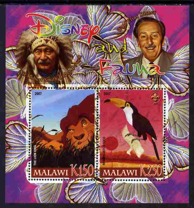 Malawi 2007 Disney & Fauna #01 perf sheetlet containing 2 values unmounted mint. Note this item is privately produced and is offered purely on its thematic appeal, it has no postal validity, stamps on disney, stamps on scouts, stamps on indians, stamps on animals, stamps on films, stamps on cinema, stamps on movies, stamps on cartoons, stamps on butterflies, stamps on birds, stamps on toucan