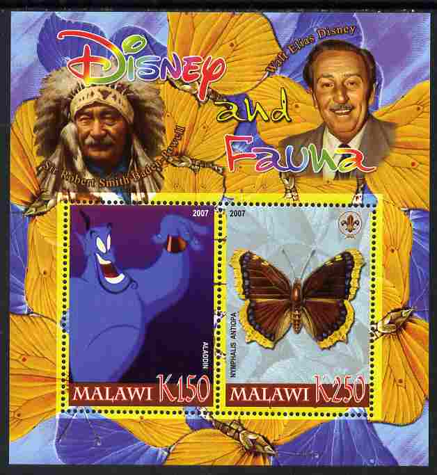 Malawi 2007 Disney & Fauna #03 perf sheetlet containing 2 values unmounted mint. Note this item is privately produced and is offered purely on its thematic appeal, it has no postal validity, stamps on disney, stamps on scouts, stamps on indians, stamps on animals, stamps on films, stamps on cinema, stamps on movies, stamps on cartoons, stamps on butterflies, stamps on 