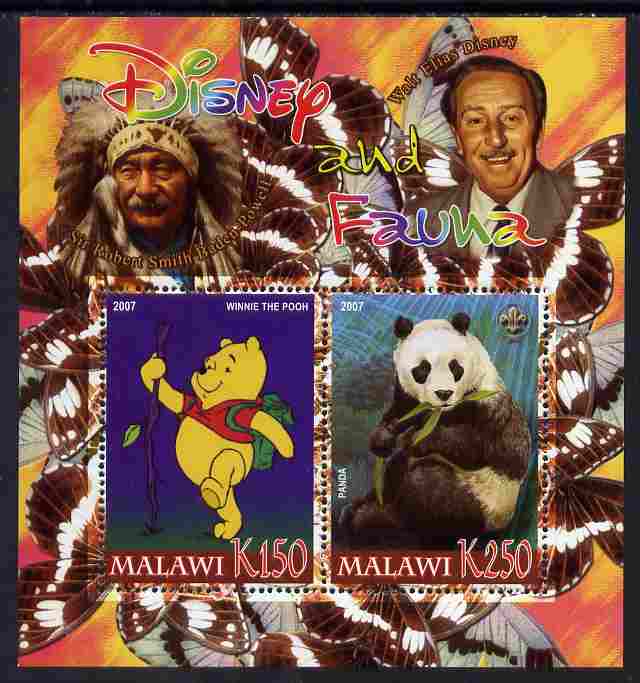Malawi 2007 Disney & Fauna #06 perf sheetlet containing 2 values unmounted mint. Note this item is privately produced and is offered purely on its thematic appeal, it has no postal validity, stamps on disney, stamps on scouts, stamps on indians, stamps on animals, stamps on films, stamps on cinema, stamps on movies, stamps on cartoons, stamps on butterflies, stamps on bears, stamps on pooh, stamps on pandas