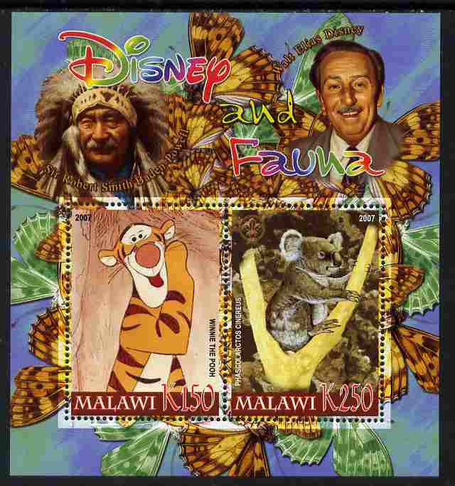 Malawi 2007 Disney & Fauna #07 perf sheetlet containing 2 values unmounted mint. Note this item is privately produced and is offered purely on its thematic appeal, it has no postal validity, stamps on disney, stamps on scouts, stamps on indians, stamps on animals, stamps on films, stamps on cinema, stamps on movies, stamps on cartoons, stamps on butterflies, stamps on bears, stamps on koalas, stamps on tigger