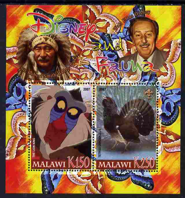 Malawi 2007 Disney & Fauna #08 perf sheetlet containing 2 values unmounted mint. Note this item is privately produced and is offered purely on its thematic appeal, it has no postal validity, stamps on disney, stamps on scouts, stamps on indians, stamps on animals, stamps on films, stamps on cinema, stamps on movies, stamps on cartoons, stamps on butterflies, stamps on birds