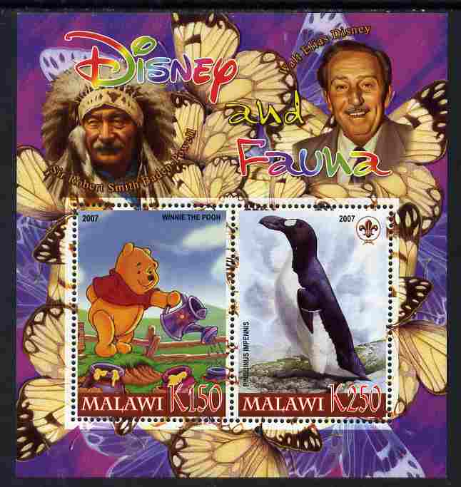 Malawi 2007 Disney & Fauna #12 perf sheetlet containing 2 values unmounted mint. Note this item is privately produced and is offered purely on its thematic appeal, it has no postal validity, stamps on disney, stamps on scouts, stamps on indians, stamps on animals, stamps on films, stamps on cinema, stamps on movies, stamps on cartoons, stamps on butterflies, stamps on bears, stamps on pooh, stamps on penguins
