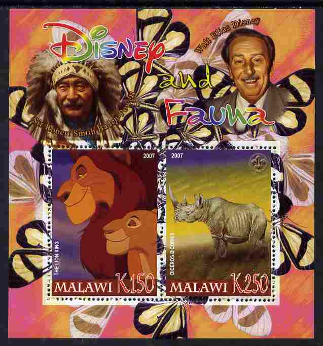 Malawi 2007 Disney & Fauna #13 perf sheetlet containing 2 values unmounted mint. Note this item is privately produced and is offered purely on its thematic appeal, it has no postal validity, stamps on disney, stamps on scouts, stamps on indians, stamps on animals, stamps on films, stamps on cinema, stamps on movies, stamps on cartoons, stamps on butterflies, stamps on rhinos