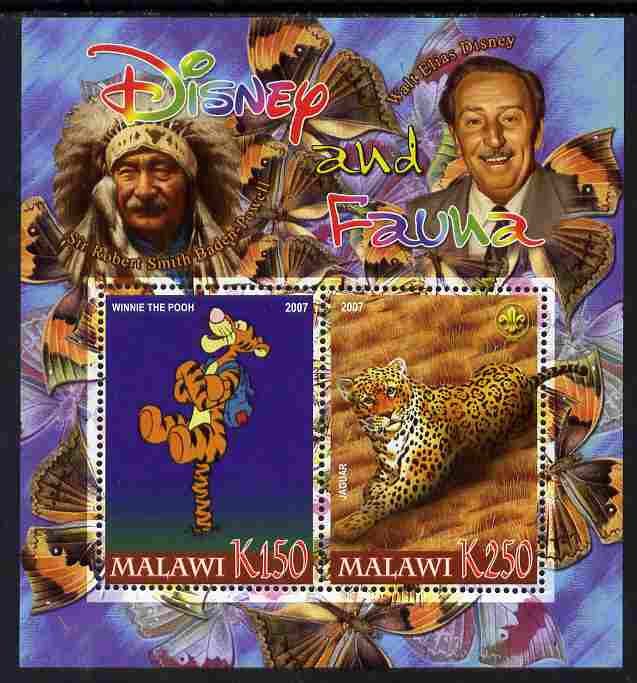 Malawi 2007 Disney & Fauna #14 perf sheetlet containing 2 values unmounted mint. Note this item is privately produced and is offered purely on its thematic appeal, it has no postal validity, stamps on disney, stamps on scouts, stamps on indians, stamps on animals, stamps on films, stamps on cinema, stamps on movies, stamps on cartoons, stamps on butterflies, stamps on cats, stamps on jaguars, stamps on tigger