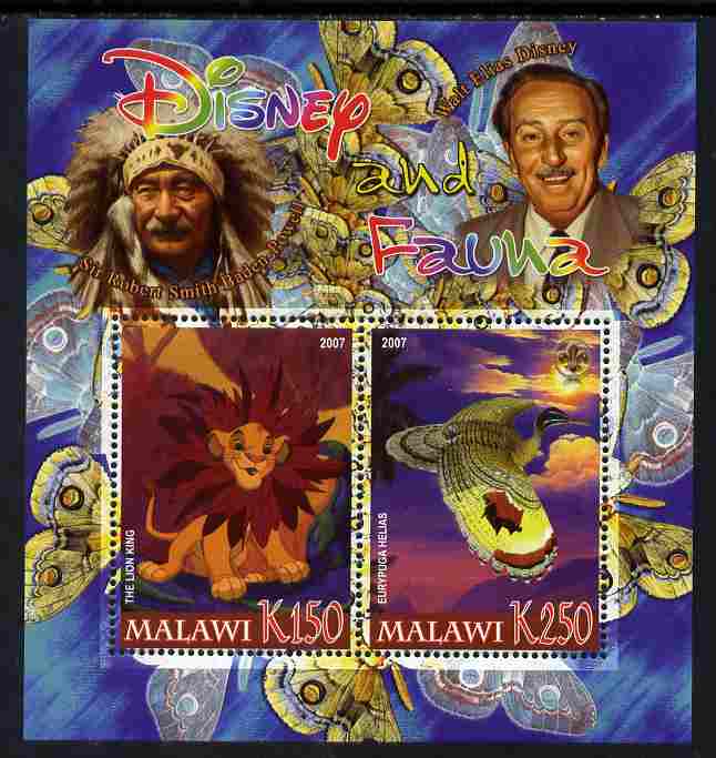 Malawi 2007 Disney & Fauna #15 perf sheetlet containing 2 values unmounted mint. Note this item is privately produced and is offered purely on its thematic appeal, it has no postal validity, stamps on disney, stamps on scouts, stamps on indians, stamps on animals, stamps on films, stamps on cinema, stamps on movies, stamps on cartoons, stamps on butterflies, stamps on birds