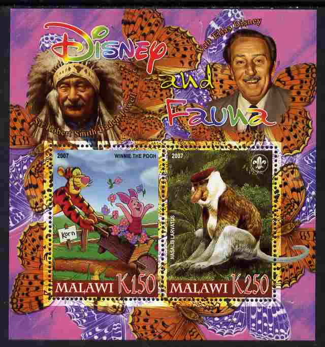 Malawi 2007 Disney & Fauna #19 perf sheetlet containing 2 values unmounted mint. Note this item is privately produced and is offered purely on its thematic appeal, it has no postal validity, stamps on disney, stamps on scouts, stamps on indians, stamps on animals, stamps on films, stamps on cinema, stamps on movies, stamps on cartoons, stamps on butterflies, stamps on apes