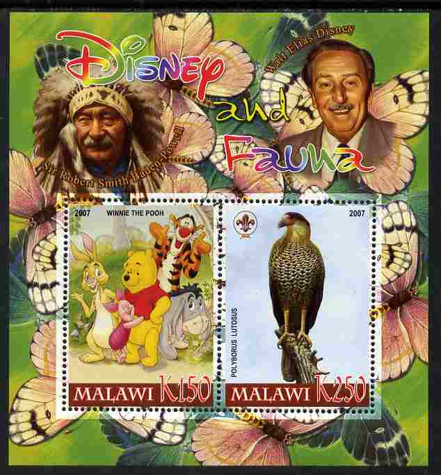 Malawi 2007 Disney & Fauna #23 perf sheetlet containing 2 values unmounted mint. Note this item is privately produced and is offered purely on its thematic appeal, it has no postal validity, stamps on disney, stamps on scouts, stamps on indians, stamps on animals, stamps on films, stamps on cinema, stamps on movies, stamps on cartoons, stamps on butterflies, stamps on bears, stamps on pooh, stamps on birds of prey