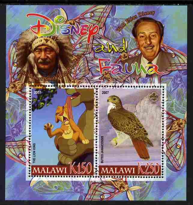Malawi 2007 Disney & Fauna #24 perf sheetlet containing 2 values unmounted mint. Note this item is privately produced and is offered purely on its thematic appeal, it has no postal validity, stamps on disney, stamps on scouts, stamps on indians, stamps on animals, stamps on films, stamps on cinema, stamps on movies, stamps on cartoons, stamps on butterflies, stamps on bears, stamps on pooh, stamps on birds of prey, stamps on hawks