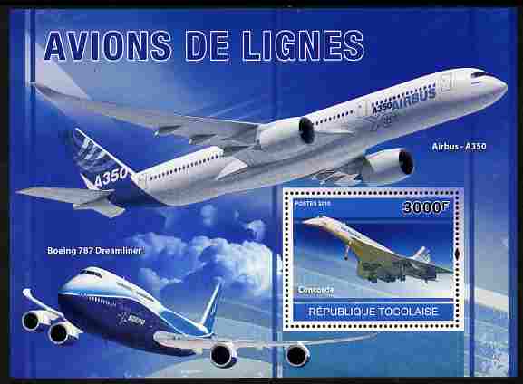 Togo 2010 Airliners perf m/sheet unmounted mint , stamps on transport, stamps on aviation, stamps on airbus, stamps on concorde, stamps on boeing
