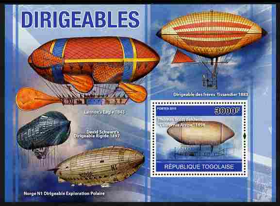 Togo 2010 Dirigibles perf m/sheet unmounted mint , stamps on transport, stamps on aviation, stamps on airships, stamps on 