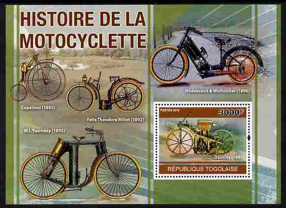 Togo 2010 History of the Motorcycle perf m/sheet unmounted mint , stamps on transport, stamps on motorbikes