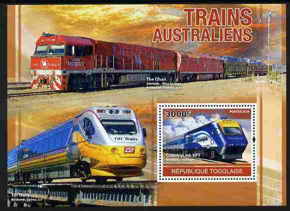 Togo 2010 Australian Trains perf m/sheet unmounted mint , stamps on transport, stamps on railways