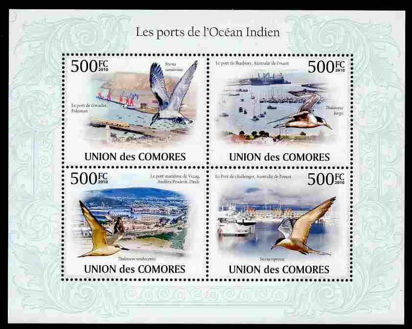 Comoro Islands 2009 Ports of The Indian Ocean perf sheetlet containing 4 values unmounted mint, Michel 2701-04, stamps on ports, stamps on birds, stamps on ships, stamps on 
