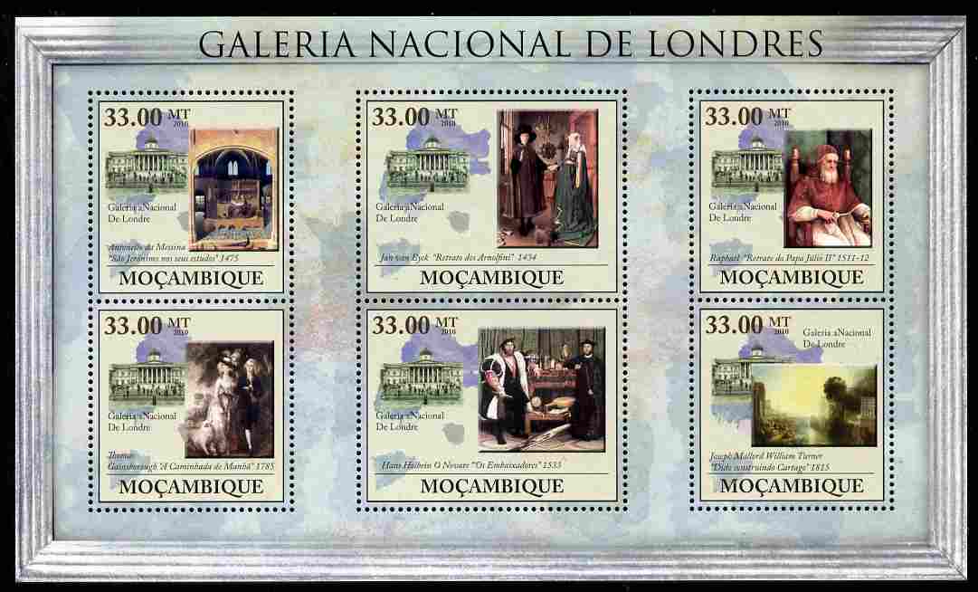 Mozambique 2010 National Gallery of London perf sheetlet containing 6 values unmounted mint, Yvert 3248-53, stamps on , stamps on  stamps on arts, stamps on  stamps on museums, stamps on  stamps on london, stamps on  stamps on raphael, stamps on  stamps on popes, stamps on  stamps on holbein, stamps on  stamps on turner