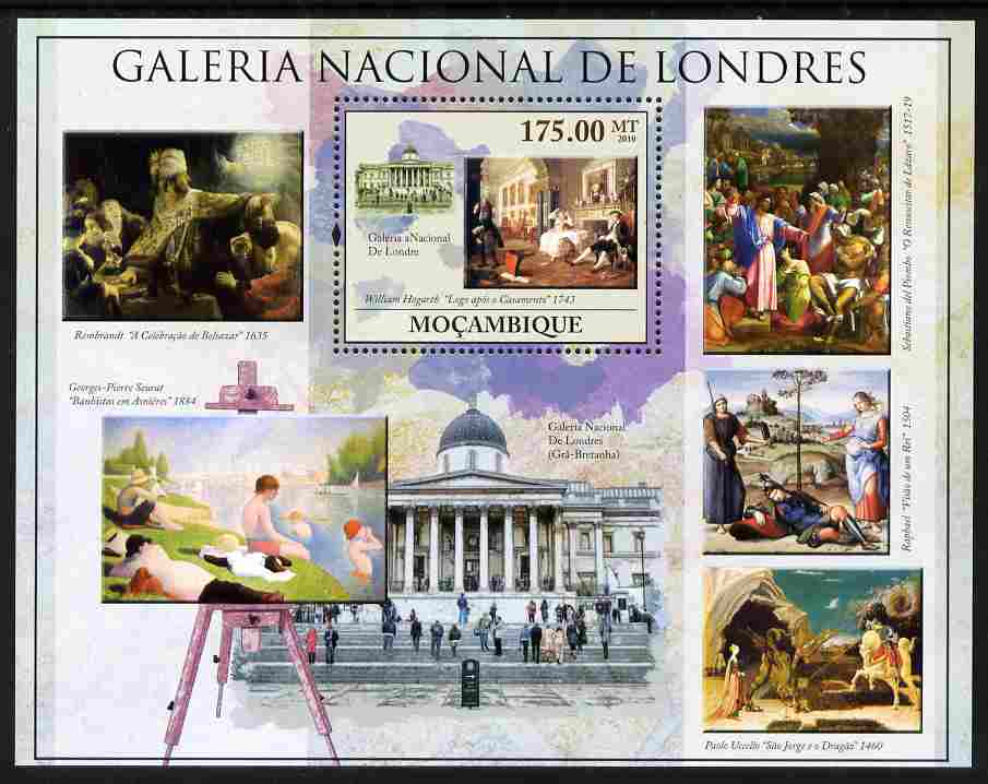 Mozambique 2010 National Gallery of London perf m/sheet unmounted mint, Yvert 299, stamps on arts, stamps on museums, stamps on london, stamps on rembrandt, stamps on raphael, stamps on seurat, stamps on 