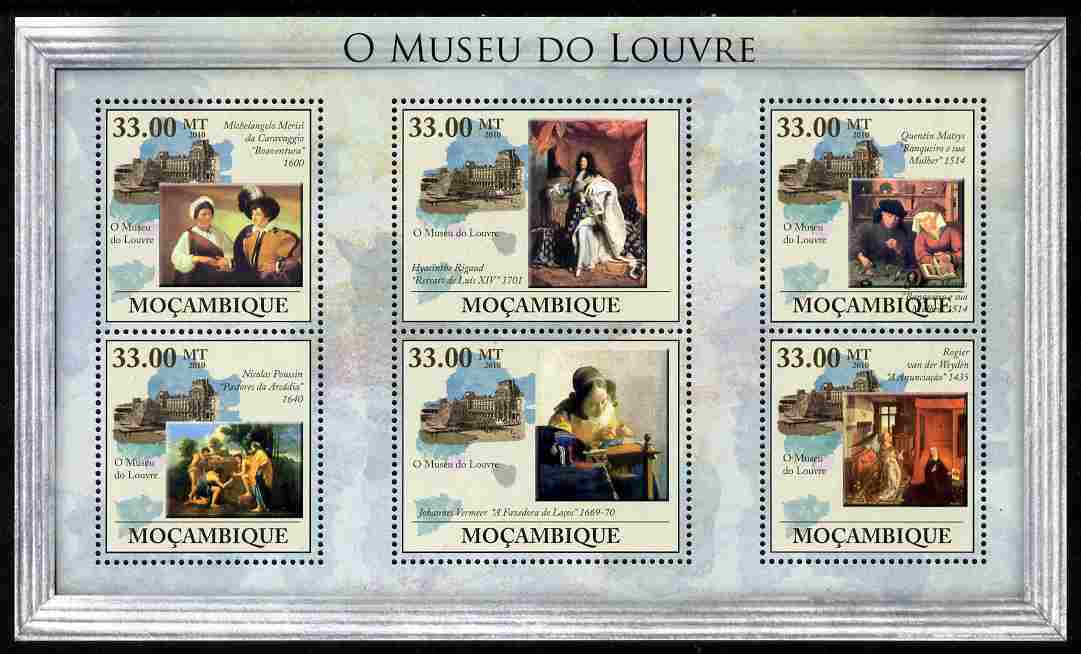 Mozambique 2010 The Louvre, Paris perf sheetlet containing 6 values unmounted mint, Yvert 3254-59, stamps on arts.museums, stamps on vermeer