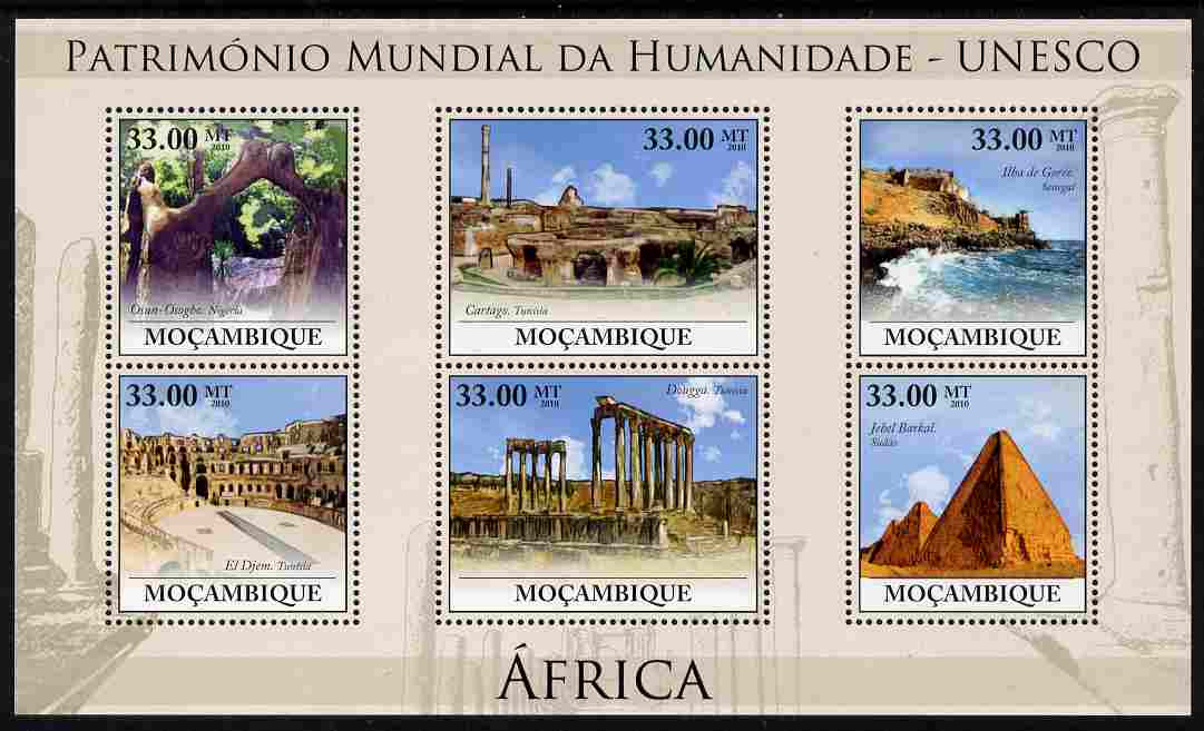 Mozambique 2010 UNESCO World Heritage Sites - Africa #2 perf sheetlet containing 6 values unmounted mint, Yvert 3206-11, stamps on tourism, stamps on unesco, stamps on heritage