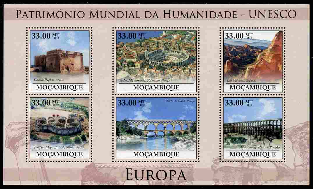 Mozambique 2010 UNESCO World Heritage Sites - Europe #2 perf sheetlet containing 6 values unmounted mint, Yvert 3182-87, stamps on tourism, stamps on unesco, stamps on heritage, stamps on bridges, stamps on castles