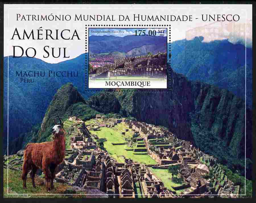 Mozambique 2010 UNESCO World Heritage Sites - South America #1 perf m/sheet unmounted mint, Yvert 298, stamps on tourism, stamps on unesco, stamps on heritage, stamps on llamasa