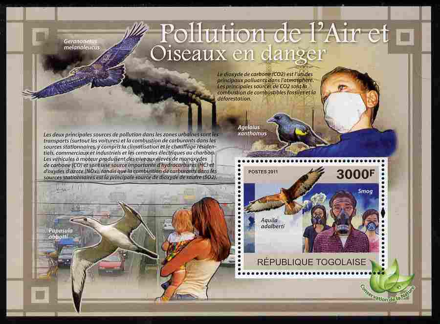 Togo 2011 Air Pollution & Endangered Birds perf s/sheet unmounted mint, stamps on environment, stamps on animals, stamps on  wwf , stamps on birds, stamps on cars, stamps on 