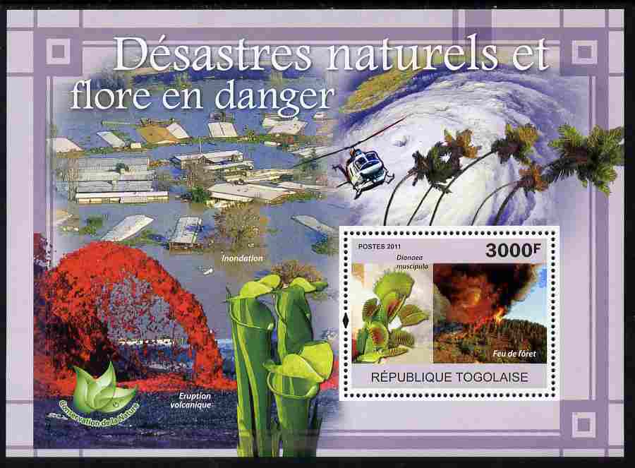 Togo 2011 Natural Disasters & Endangered Flora perf s/sheet unmounted mint, stamps on environment, stamps on flowers, stamps on disasters, stamps on weather, stamps on fire, stamps on helicopters, stamps on volcanoes