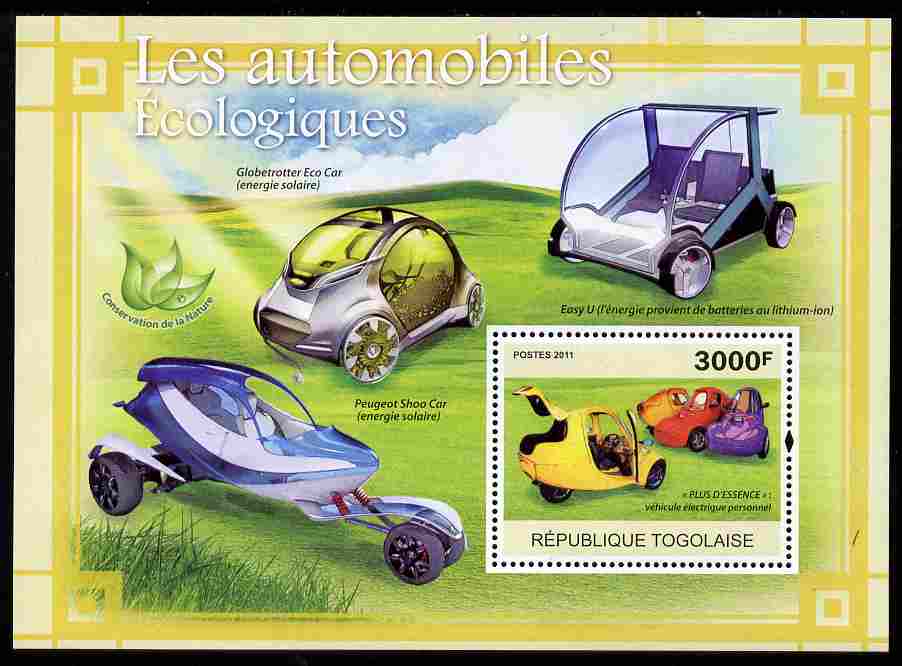 Togo 2011 Ecological Cars perf s/sheet unmounted mint, stamps on environment, stamps on energy, stamps on cars