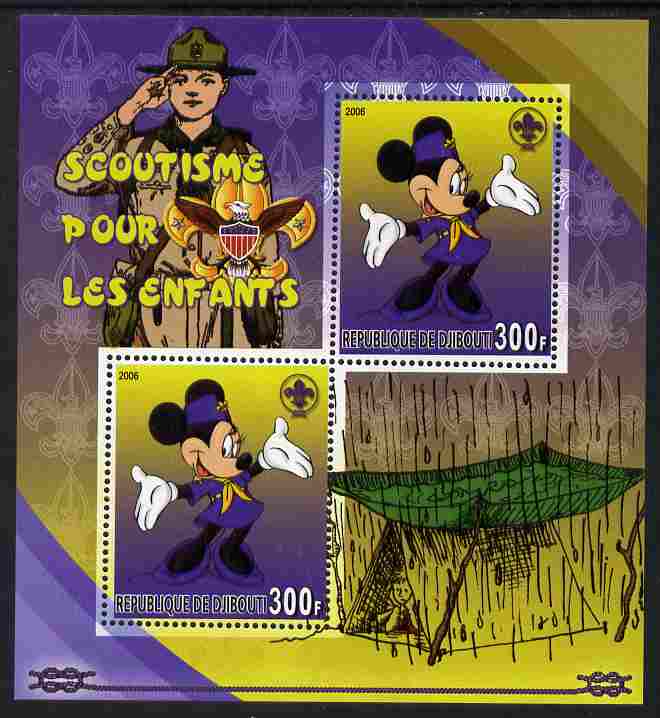 Djibouti 2006 Disney & Scouting for Children #1 perf sheetlet containing 2 values unmounted mint. Note this item is privately produced and is offered purely on its thematic appeal, stamps on disney, stamps on scouts, stamps on films, stamps on cinema, stamps on movies, stamps on cartoons