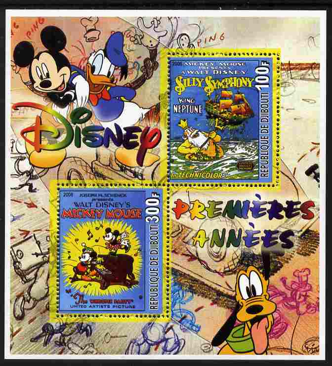 Djibouti 2006 Disney - The Early Years perf sheetlet containing 2 values unmounted mint. Note this item is privately produced and is offered purely on its thematic appeal, stamps on disney, stamps on films, stamps on cinema, stamps on movies, stamps on cartoons