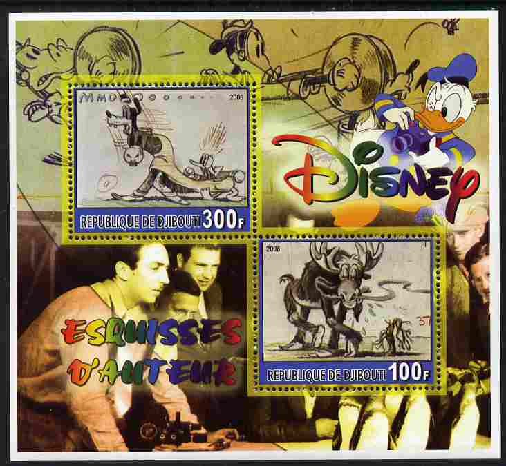 Djibouti 2006 Disney - Original Sketches #2 perf sheetlet containing 2 values unmounted mint. Note this item is privately produced and is offered purely on its thematic a..., stamps on disney, stamps on films, stamps on cinema, stamps on movies, stamps on cartoons
