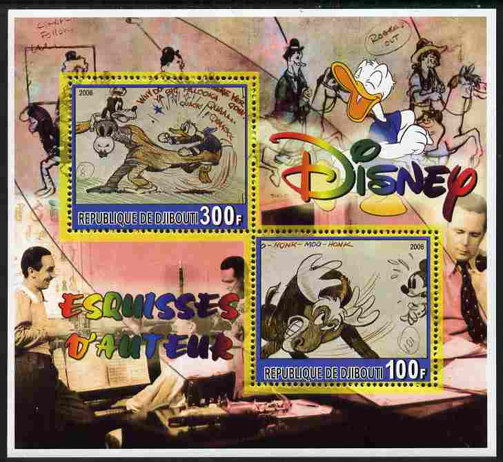 Djibouti 2006 Disney - Original Sketches #3 perf sheetlet containing 2 values unmounted mint. Note this item is privately produced and is offered purely on its thematic a..., stamps on disney, stamps on films, stamps on cinema, stamps on movies, stamps on cartoons