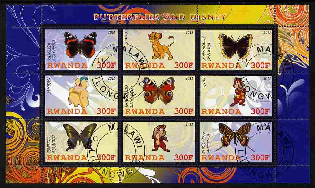 Rwanda 2011 Butterflies & Disney Characters #1 perf sheetlet containing 9 values fine cto used, stamps on butterflies, stamps on disney, stamps on cartoons, stamps on films, stamps on cinema, stamps on movies