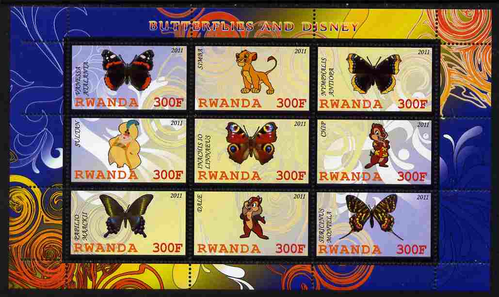 Rwanda 2011 Butterflies & Disney Characters #1 perf sheetlet containing 9 values unmounted mint, stamps on butterflies, stamps on disney, stamps on cartoons, stamps on films, stamps on cinema, stamps on movies
