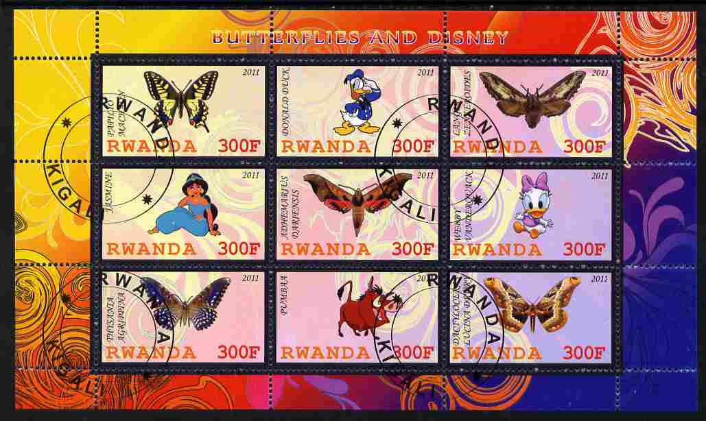 Rwanda 2011 Butterflies & Disney Characters #2 perf sheetlet containing 9 values fine cto used, stamps on butterflies, stamps on disney, stamps on cartoons, stamps on films, stamps on cinema, stamps on movies