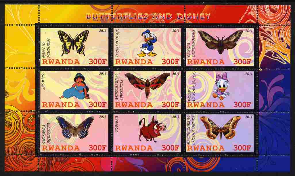 Rwanda 2011 Butterflies & Disney Characters #2 perf sheetlet containing 9 values unmounted mint, stamps on butterflies, stamps on disney, stamps on cartoons, stamps on films, stamps on cinema, stamps on movies