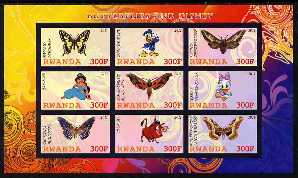 Rwanda 2011 Butterflies & Disney Characters #2 imperf sheetlet containing 9 values unmounted mint, stamps on butterflies, stamps on disney, stamps on cartoons, stamps on films, stamps on cinema, stamps on movies