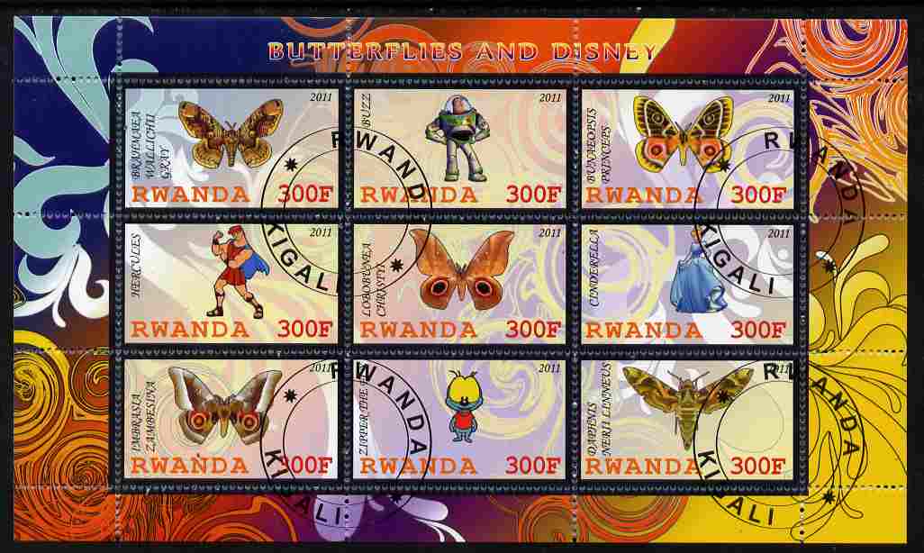 Rwanda 2011 Butterflies & Disney Characters #3 perf sheetlet containing 9 values fine cto used, stamps on butterflies, stamps on disney, stamps on cartoons, stamps on films, stamps on cinema, stamps on movies