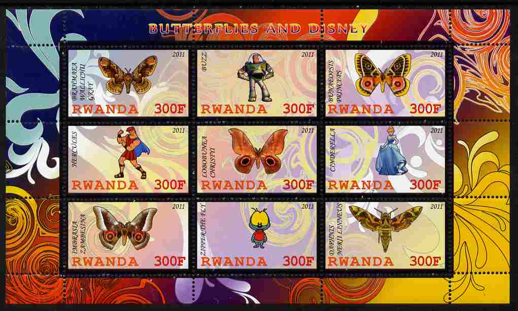 Rwanda 2011 Butterflies & Disney Characters #3 perf sheetlet containing 9 values unmounted mint, stamps on butterflies, stamps on disney, stamps on cartoons, stamps on films, stamps on cinema, stamps on movies