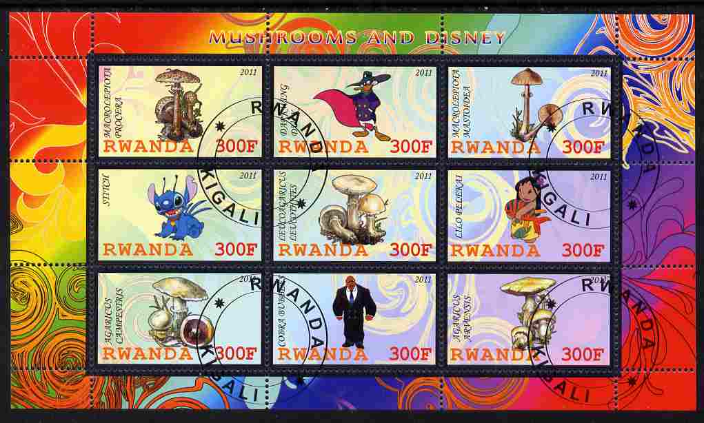Rwanda 2011 Mushrooms & Disney Characters #1 perf sheetlet containing 9 values fine cto used, stamps on fungi, stamps on disney, stamps on cartoons, stamps on films, stamps on cinema, stamps on movies