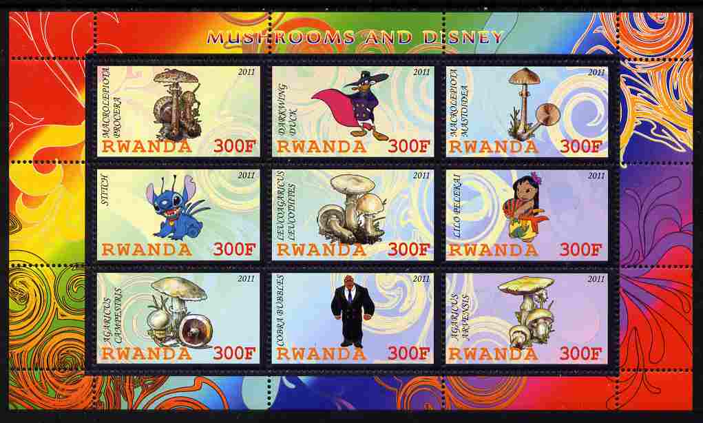 Rwanda 2011 Mushrooms & Disney Characters #1 perf sheetlet containing 9 values unmounted mint, stamps on fungi, stamps on disney, stamps on cartoons, stamps on films, stamps on cinema, stamps on movies