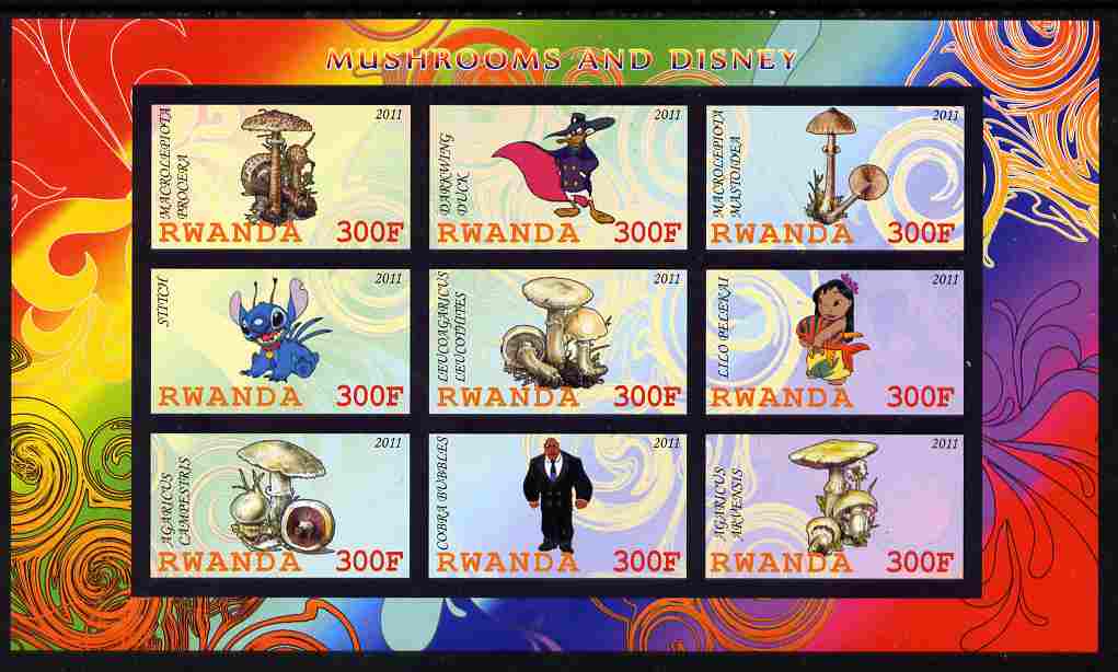 Rwanda 2011 Mushrooms & Disney Characters #1 imperf sheetlet containing 9 values unmounted mint, stamps on fungi, stamps on disney, stamps on cartoons, stamps on films, stamps on cinema, stamps on movies